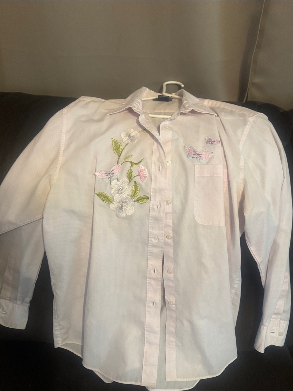 Light Pink Embroidered Button-Down Shirt with Floral Detail